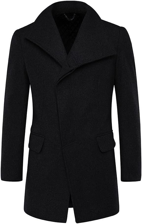 Mens Winter Wool Trench Coat Mid Length Slim Fit Casual Stand Collar Overcoat
