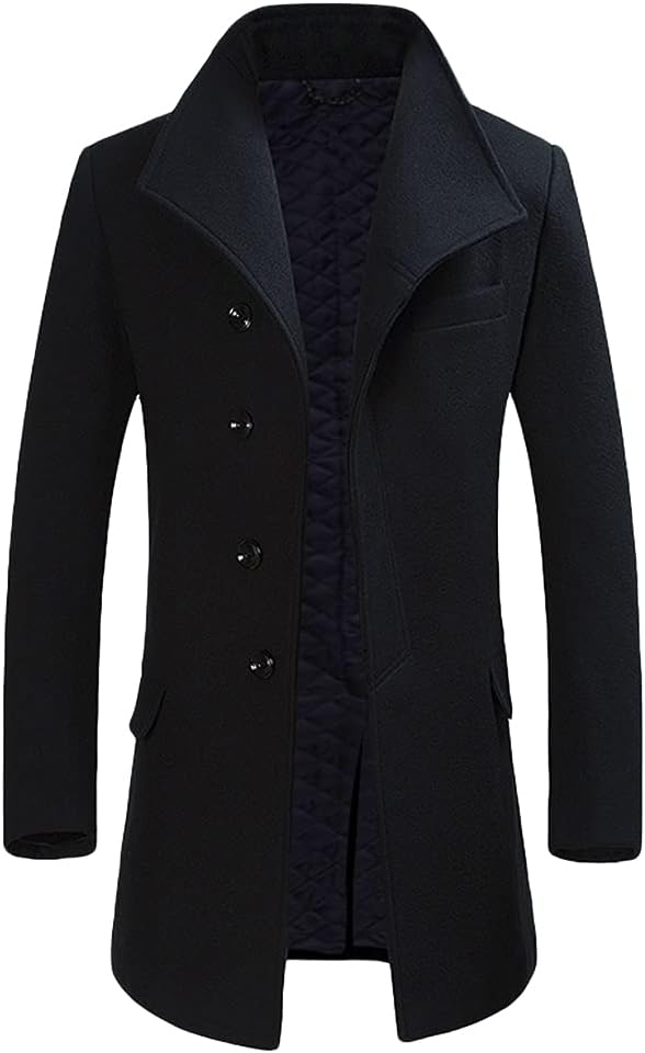 Mens Winter Wool Trench Coat Mid Length Slim Fit Casual Stand Collar Overcoat