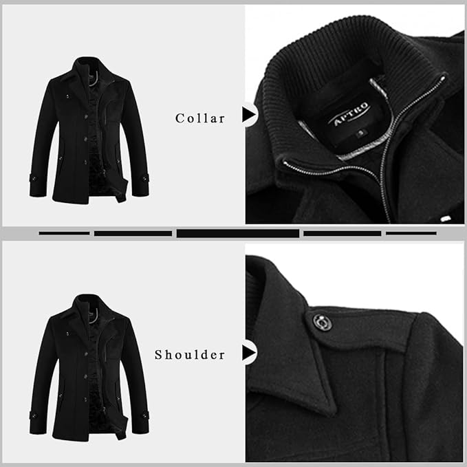 Mens Jacket Winter Coat 80% Wool Coats Warm Casual Overcoat Outwear Business Single/Double Breasted Black Trench Jacket
