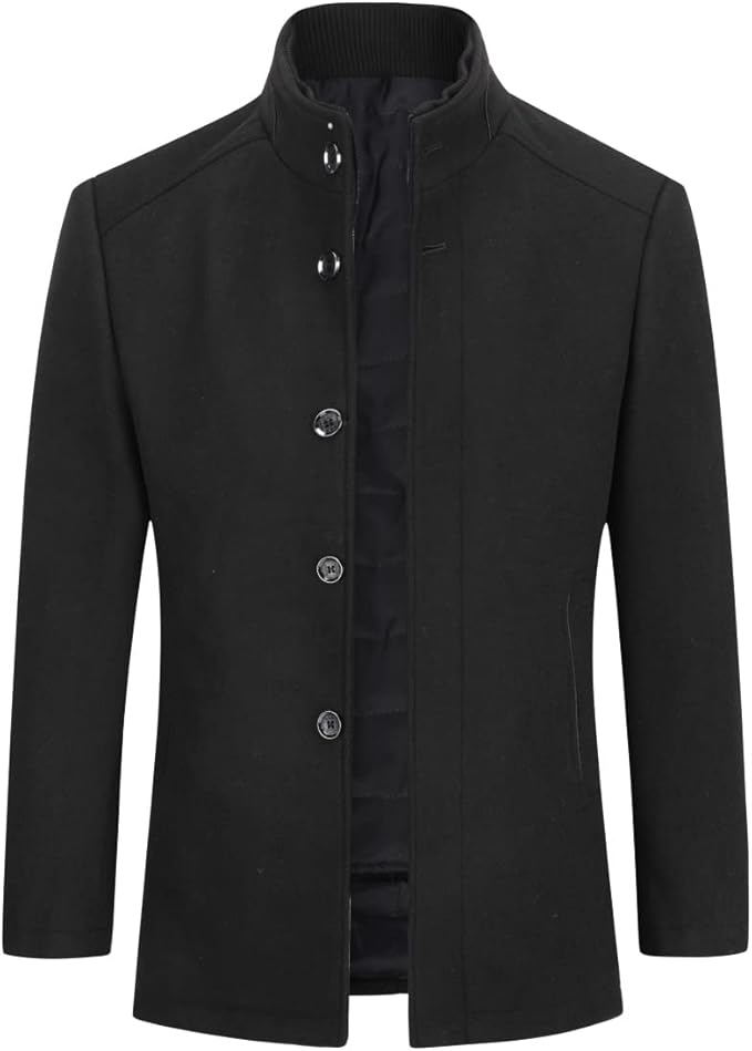 Mens Wool Coat Thick Trench Coat Stand Collar Warm Jacket Coats Winter Overcoat(1*Jacket+1*Gilet)