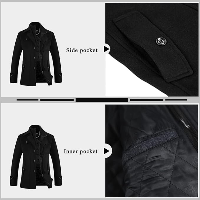 Mens Jacket Winter Coat 80% Wool Coats Warm Casual Overcoat Outwear Business Single/Double Breasted Black Trench Jacket