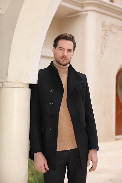 Mens Winter Wool Trench Coat Mid Length Slim Fit Casual Stand Collar Overcoat