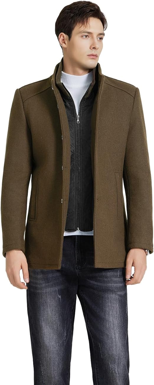 Mens Wool Blend Coat Winter Thick Overcoat Warm Pea Coat with Detachable Scarf Collar