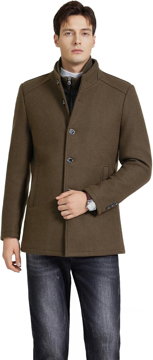Mens Wool Blend Coat Winter Thick Overcoat Warm Pea Coat with Detachable Scarf Collar