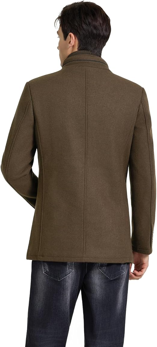 Mens Wool Blend Coat Winter Thick Overcoat Warm Pea Coat with Detachable Scarf Collar