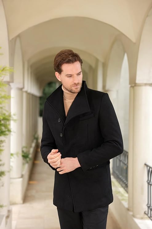 Mens Winter Wool Trench Coat Mid Length Slim Fit Casual Stand Collar Overcoat