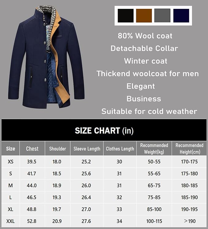 Mens Jacket Winter Coat 80% Wool Coats Warm Casual Overcoat Outwear Business Single/Double Breasted Black Trench Jacket 2101