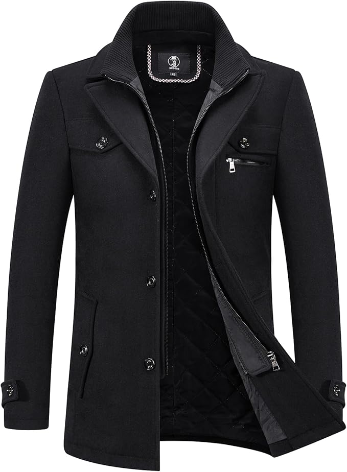 Mens Wool Coats Winter Padded Trench Coat for Casual Business Outwear Thick Wool Blend Peacoat with Removable Inner Collar