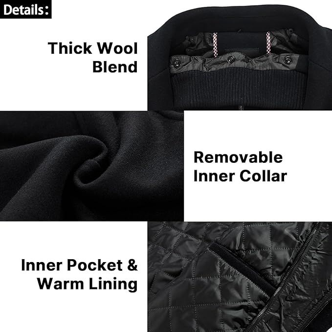 Mens Wool Coats Winter Padded Trench Coat for Casual Business Outwear Thick Wool Blend Peacoat with Removable Inner Collar