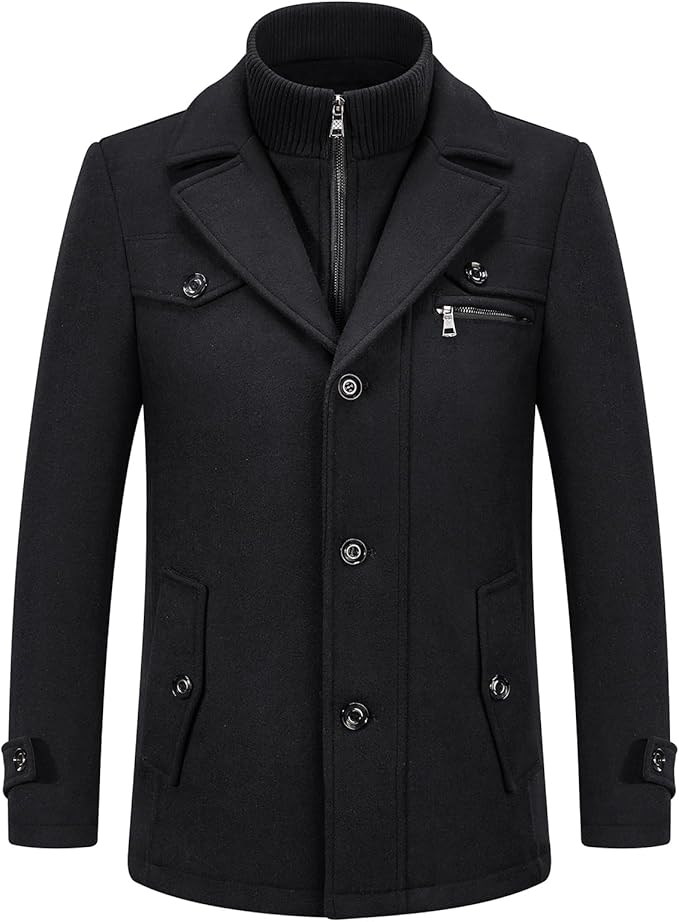 Mens Wool Coats Winter Padded Trench Coat for Casual Business Outwear Thick Wool Blend Peacoat with Removable Inner Collar