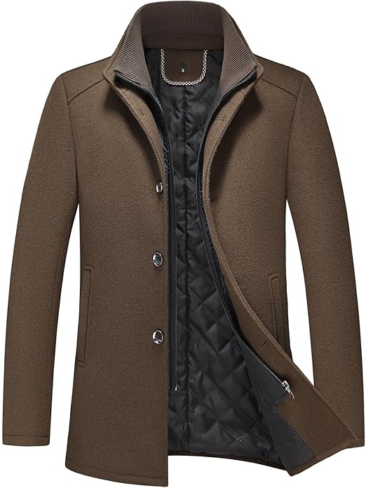 Mens Wool Blend Coat Winter Thick Overcoat Warm Pea Coat with Detachable Scarf Collar