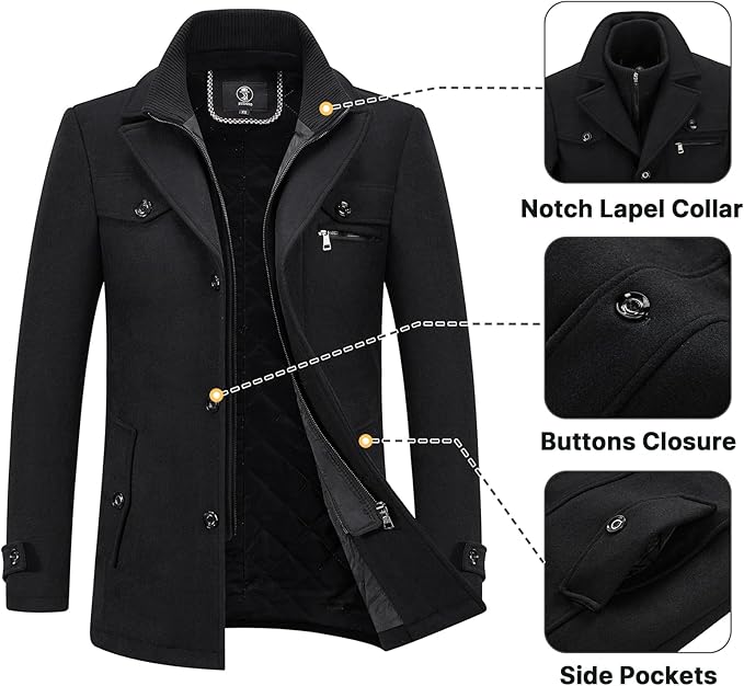 Mens Wool Coats Winter Padded Trench Coat for Casual Business Outwear Thick Wool Blend Peacoat with Removable Inner Collar