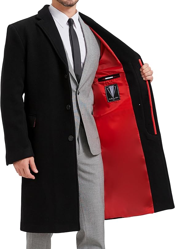 The Platinum Tailor Mens Black Overcoat Wool & Cashmere Covert Warm Winter Bond Coat Fully Lined