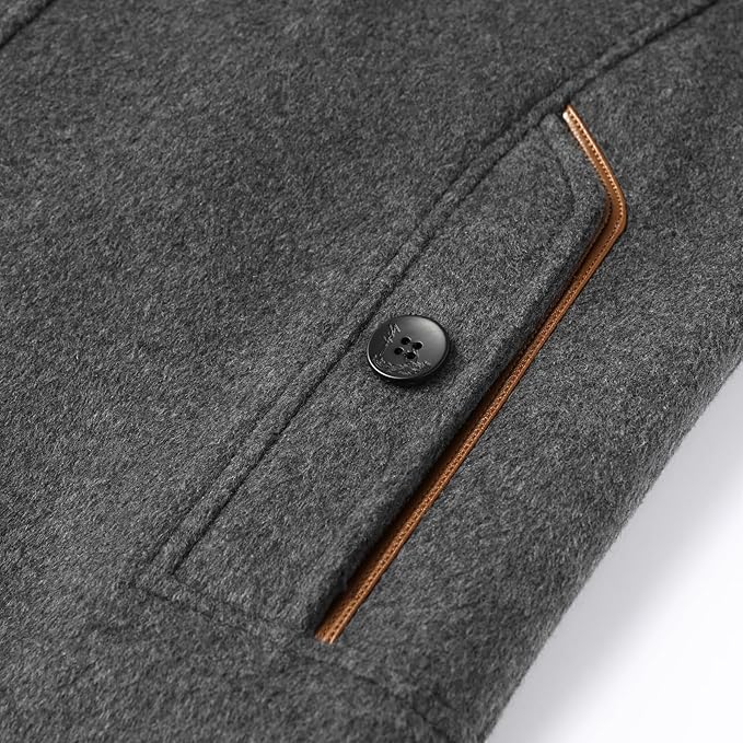 Mens Winter Trench Coat Stand Collar Warm Wool Blend Casual Patchwork Outwear Button Down Peacoat