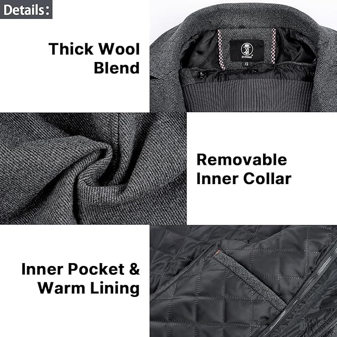 Mens Wool Coats Short Winter Padded Trench Coat for Casual Business Outwear Thick Wool Blend Peacoat with Removable Inner Collar