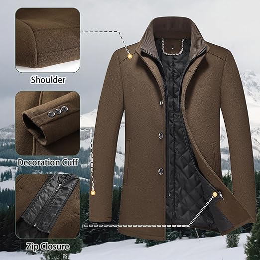 Mens Wool Blend Coat Winter Thick Overcoat Warm Pea Coat with Detachable Scarf Collar