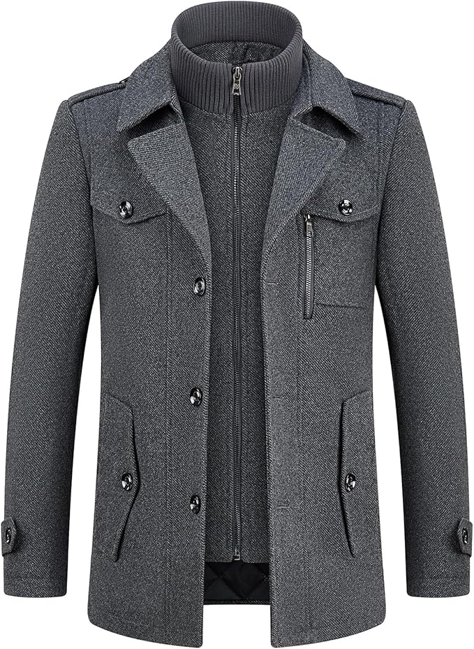 Mens Wool Coats Short Winter Padded Trench Coat for Casual Business Outwear Thick Wool Blend Peacoat with Removable Inner Collar