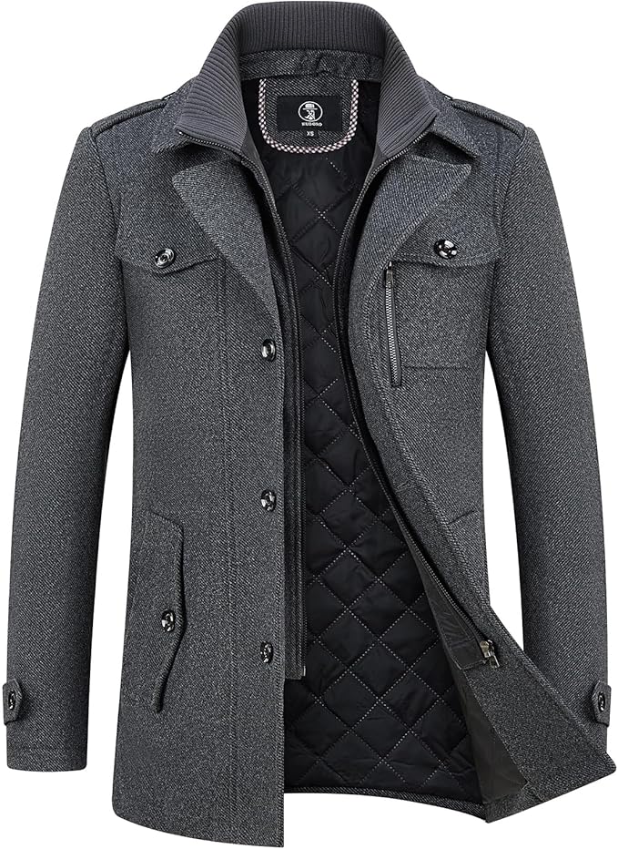 Mens Wool Coats Short Winter Padded Trench Coat for Casual Business Outwear Thick Wool Blend Peacoat with Removable Inner Collar