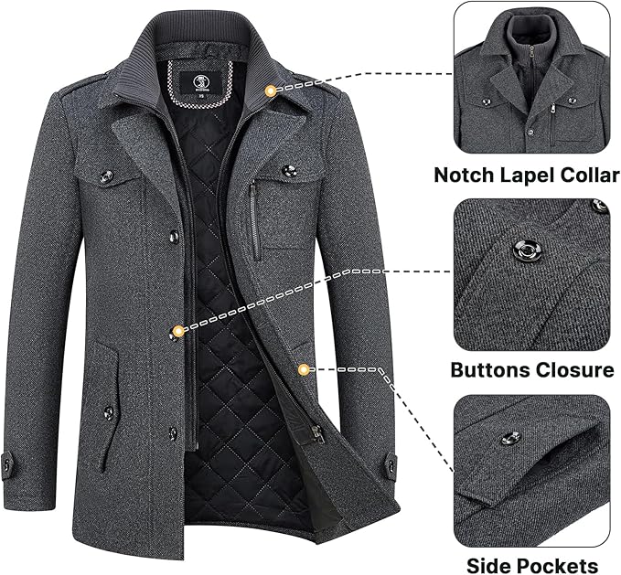Mens Wool Coats Short Winter Padded Trench Coat for Casual Business Outwear Thick Wool Blend Peacoat with Removable Inner Collar