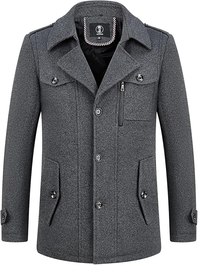 Mens Wool Coats Short Winter Padded Trench Coat for Casual Business Outwear Thick Wool Blend Peacoat with Removable Inner Collar