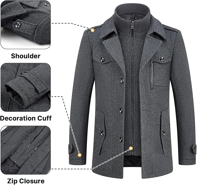 Mens Wool Coats Short Winter Padded Trench Coat for Casual Business Outwear Thick Wool Blend Peacoat with Removable Inner Collar