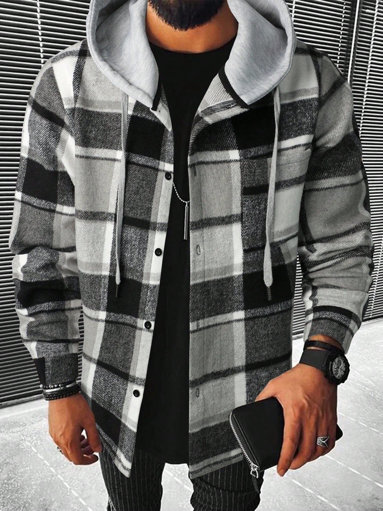 Manfinity Homme Men Plaid Drawstring Hooded Going Out Casual Shacket Without Tee
