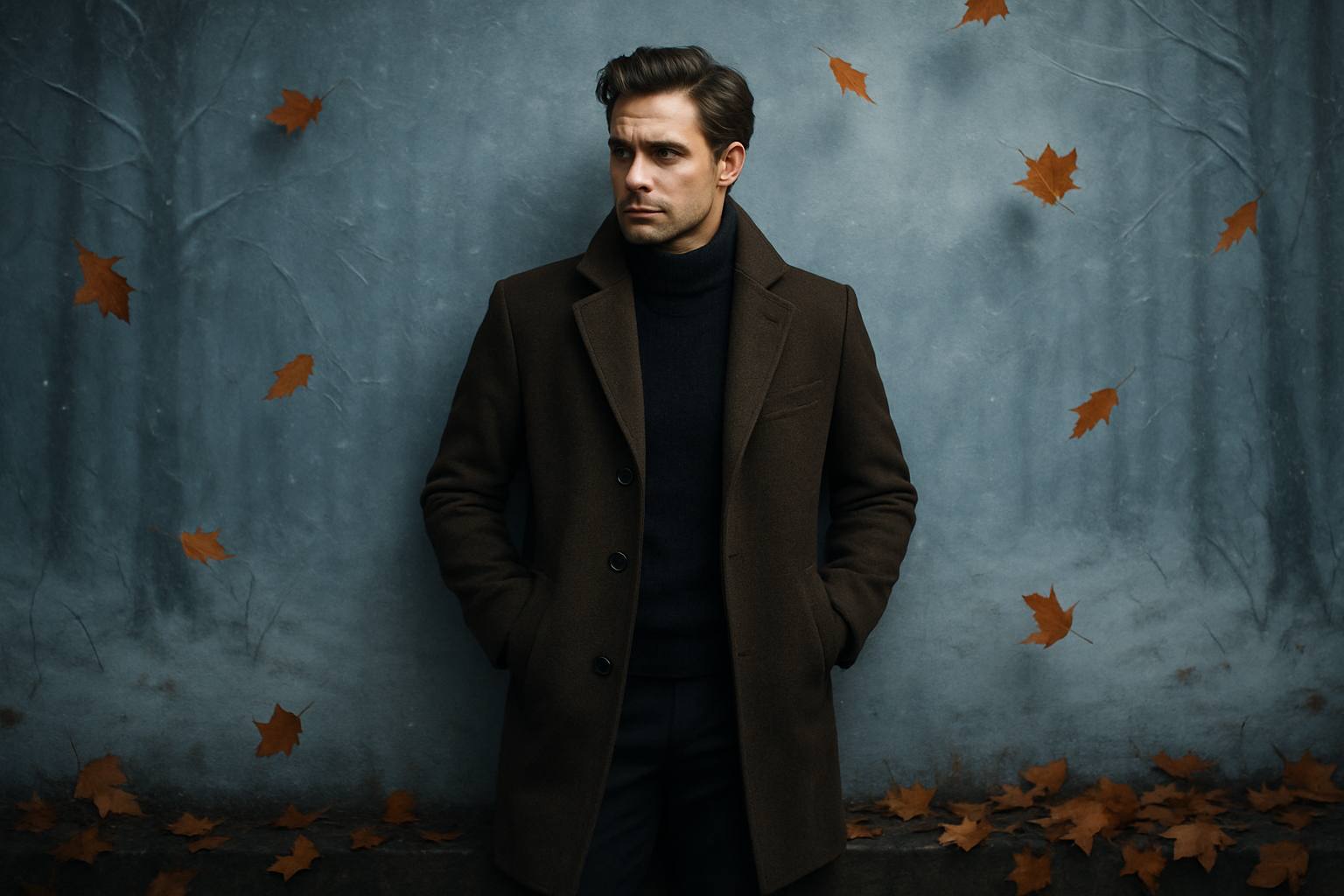 men wearing overcoat with wall and winter theme leaves fall on ground