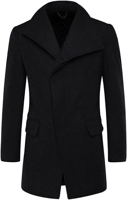 Mens Winter Wool Trench Coat Mid Length Slim Fit Casual Stand Collar Overcoat