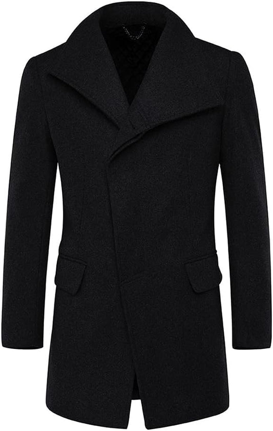 Mens Winter Wool Trench Coat Mid Length Slim Fit Casual Stand Collar Overcoat