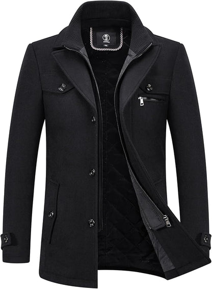 Mens Wool Coats Winter Padded Trench Coat for Casual Business Outwear Thick Wool Blend Peacoat with Removable Inner Collar
