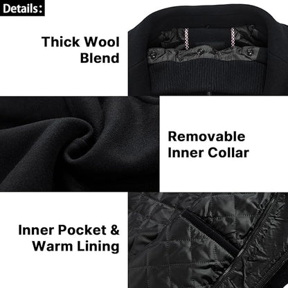 Mens Wool Coats Winter Padded Trench Coat for Casual Business Outwear Thick Wool Blend Peacoat with Removable Inner Collar