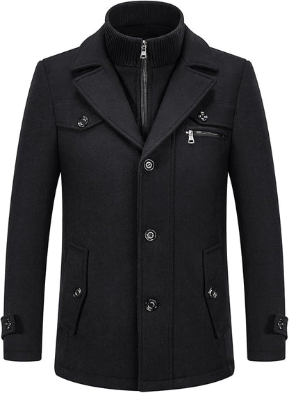 Mens Wool Coats Winter Padded Trench Coat for Casual Business Outwear Thick Wool Blend Peacoat with Removable Inner Collar