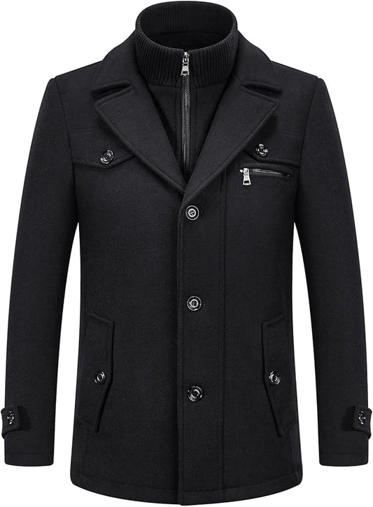 Mens Wool Coats Winter Padded Trench Coat for Casual Business Outwear Thick Wool Blend Peacoat with Removable Inner Collar