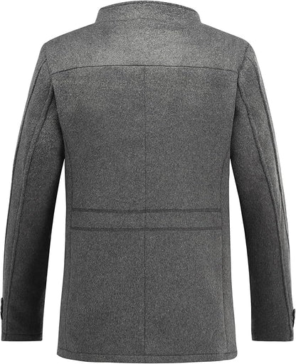 Mens Winter Trench Coat Stand Collar Warm Wool Blend Casual Patchwork Outwear Button Down Peacoat