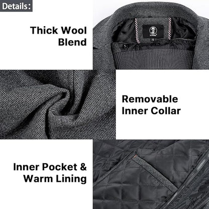 Mens Wool Coats Short Winter Padded Trench Coat for Casual Business Outwear Thick Wool Blend Peacoat with Removable Inner Collar