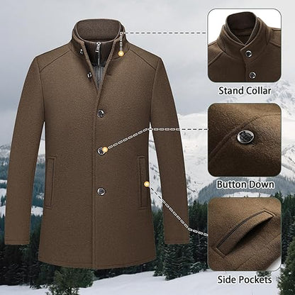 Mens Wool Blend Coat Winter Thick Overcoat Warm Pea Coat with Detachable Scarf Collar