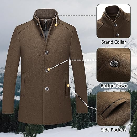 Mens Wool Blend Coat Winter Thick Overcoat Warm Pea Coat with Detachable Scarf Collar