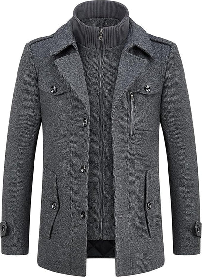 Mens Wool Coats Short Winter Padded Trench Coat for Casual Business Outwear Thick Wool Blend Peacoat with Removable Inner Collar