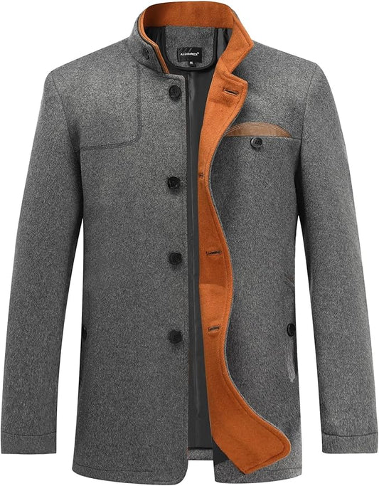 Mens Winter Trench Coat Stand Collar Warm Wool Blend Casual Patchwork Outwear Button Down Peacoat