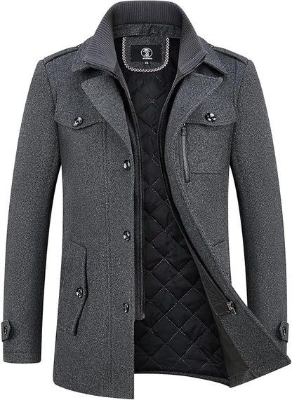 Mens Wool Coats Short Winter Padded Trench Coat for Casual Business Outwear Thick Wool Blend Peacoat with Removable Inner Collar