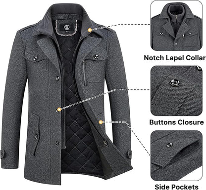 Mens Wool Coats Short Winter Padded Trench Coat for Casual Business Outwear Thick Wool Blend Peacoat with Removable Inner Collar
