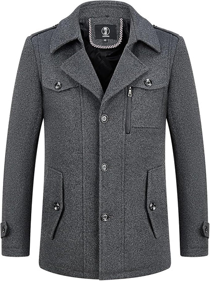 Mens Wool Coats Short Winter Padded Trench Coat for Casual Business Outwear Thick Wool Blend Peacoat with Removable Inner Collar