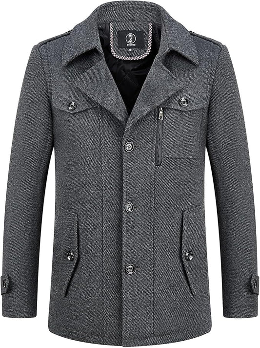 Mens Wool Coats Short Winter Padded Trench Coat for Casual Business Outwear Thick Wool Blend Peacoat with Removable Inner Collar