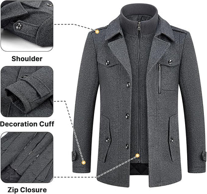 Mens Wool Coats Short Winter Padded Trench Coat for Casual Business Outwear Thick Wool Blend Peacoat with Removable Inner Collar