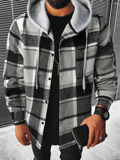Manfinity Homme Men Plaid Drawstring Hooded Going Out Casual Shacket Without Tee