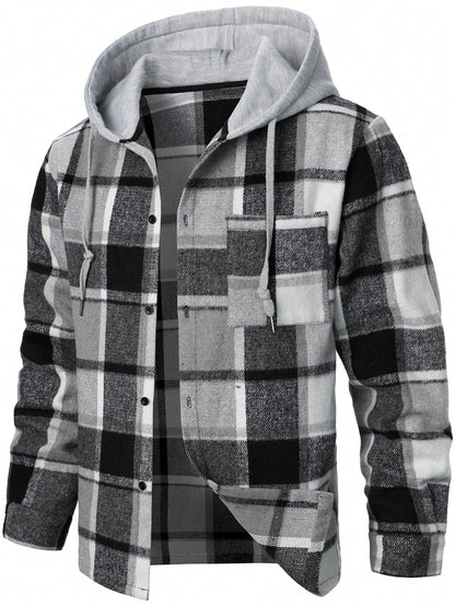 Manfinity Homme Men Plaid Drawstring Hooded Going Out Casual Shacket Without Tee