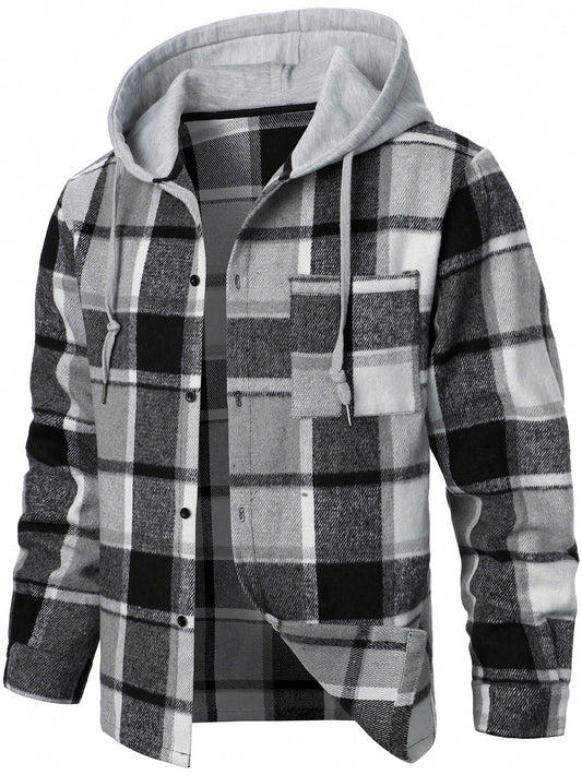 Manfinity Homme Men Plaid Drawstring Hooded Going Out Casual Shacket Without Tee